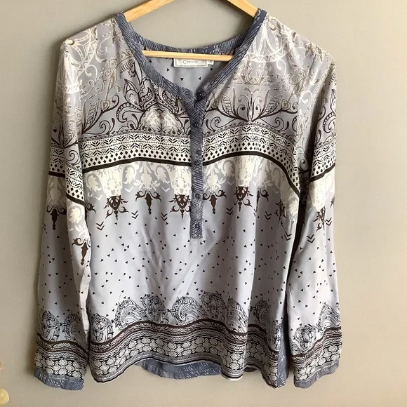 CREAM Blouse. Long Sleeve Blouse. Boho grey neutral pattern - Picture 1 of 10